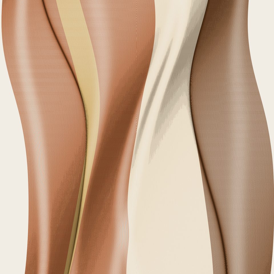 Vertical folds built from thousands of fine parallel curves in cream, tan and dusty rose, the strokes crowding to a dark line where each fold turns.