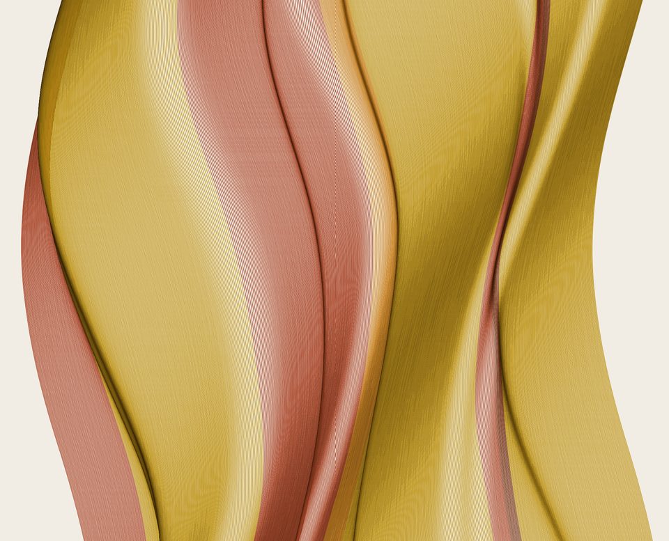 Folds in gold and coral built from dense parallel curves, with moiré patterning where the stroke families cross.