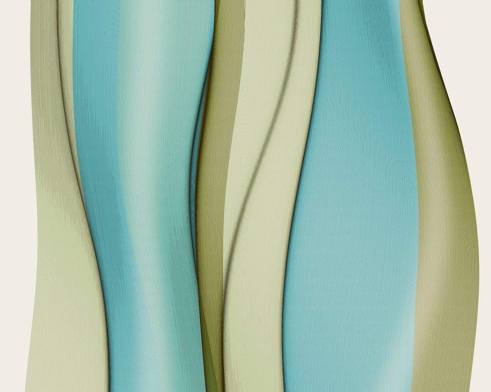 Folds in teal, sage green and cream, rendered in fine parallel curves that widen and narrow to describe the drape.