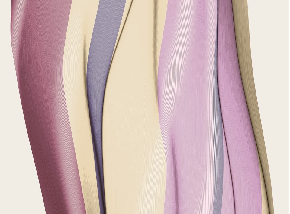 Narrow vertical folds in lilac, pink, cream and pale blue, built from closely spaced parallel curves.