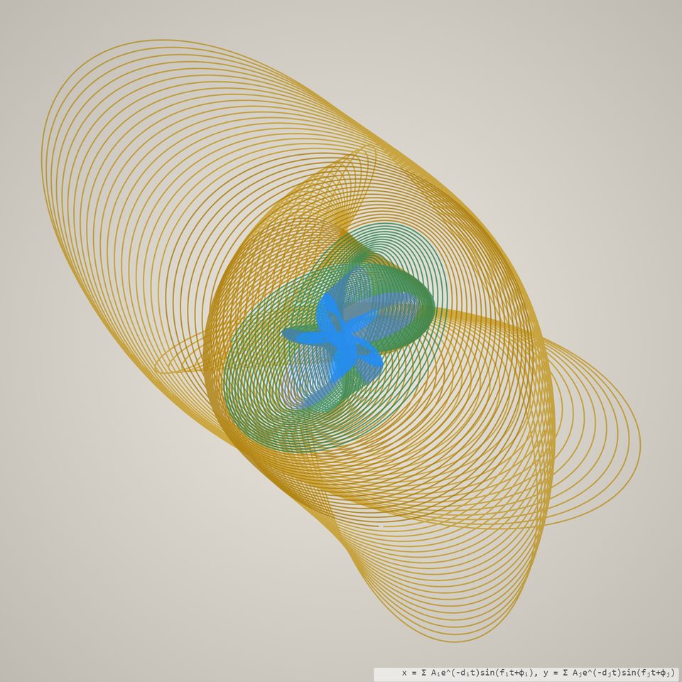 Dense looping curve traced by a decaying pendulum drawing machine.