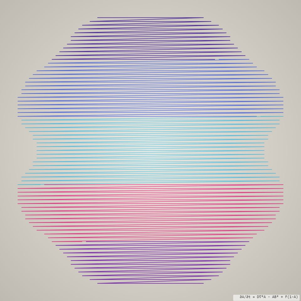 Mottled Turing pattern of interleaved spots and stripes.